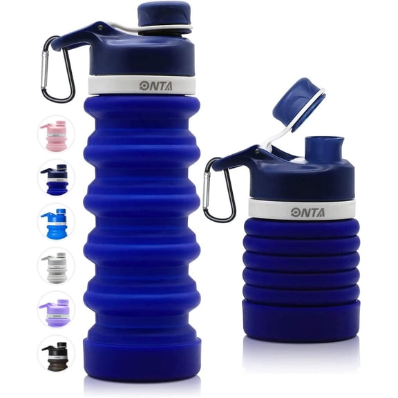Collapsible Water Bottle- BPA Free Silicone Foldable Water Bottle for Travel,Silicone Portable Leak-Proof Travel Water Bottle 20oz, dark blue