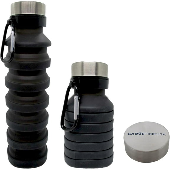 Collapsible Water Bottle (Black) - Reusable, BPA Free, Silicone, Foldable Portable & Leak Proof - Sports Water Bottle with Carabiner