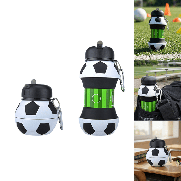 Collapsible Water Bottle for Kids, Soccer Ball Shaped Boys Water Bottle, 18 oz BPA-Free Leak-Proof Portable Circle Water Bottle with Clip for Sports Practice