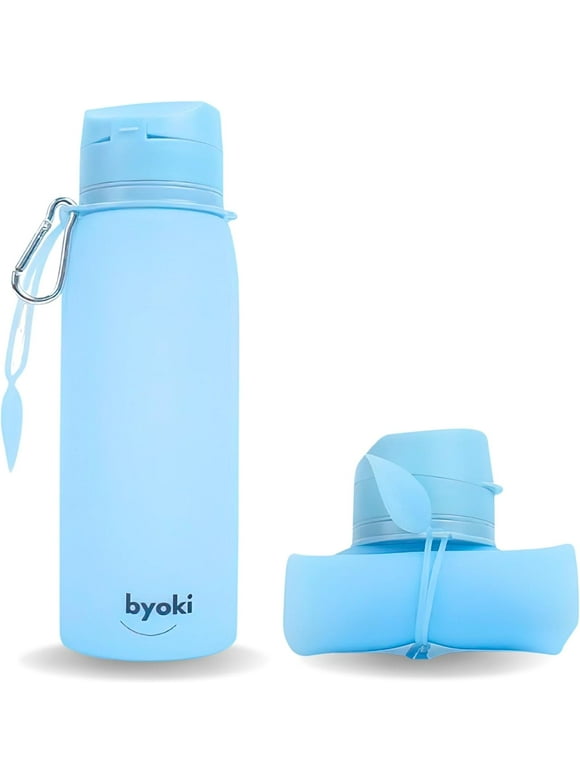 Collapsible Water Bottle, Premium BPA Free Silicone Portable Foldable Reusable Lightweight Leak Proof Water Bottles with Carabiner for Hiking, Travel, Camping (25oz) Sky Blue