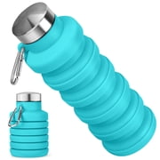 Collapsible Water Bottles 16oz, Reuseable BPA Free Silicone Foldable Water Bottles with Carabiner for Travel Camping Hiking - Blue