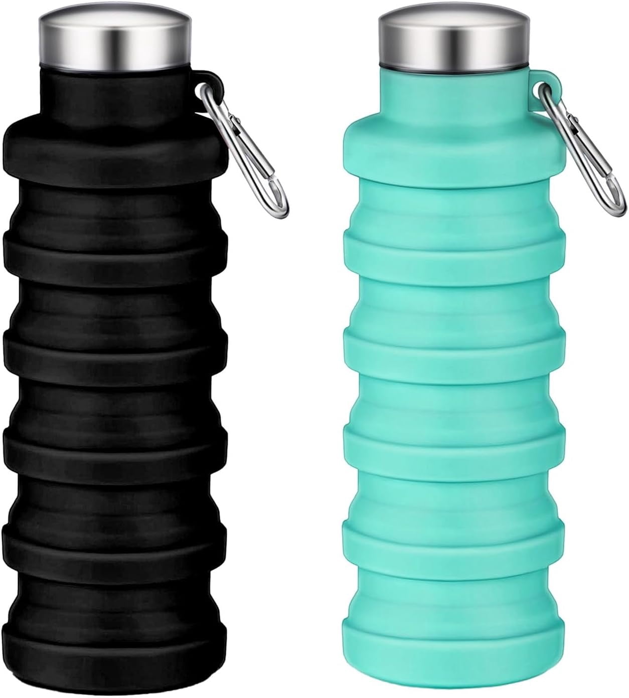 Collapsible Water Bottles,Portable Reusable Silicone Water Bottle,Leak-proof,with buckle,storage,Lightweight Durable for Fitness,Cycling,Sports,Camping,Hiking (Black+Green) Deep Black
