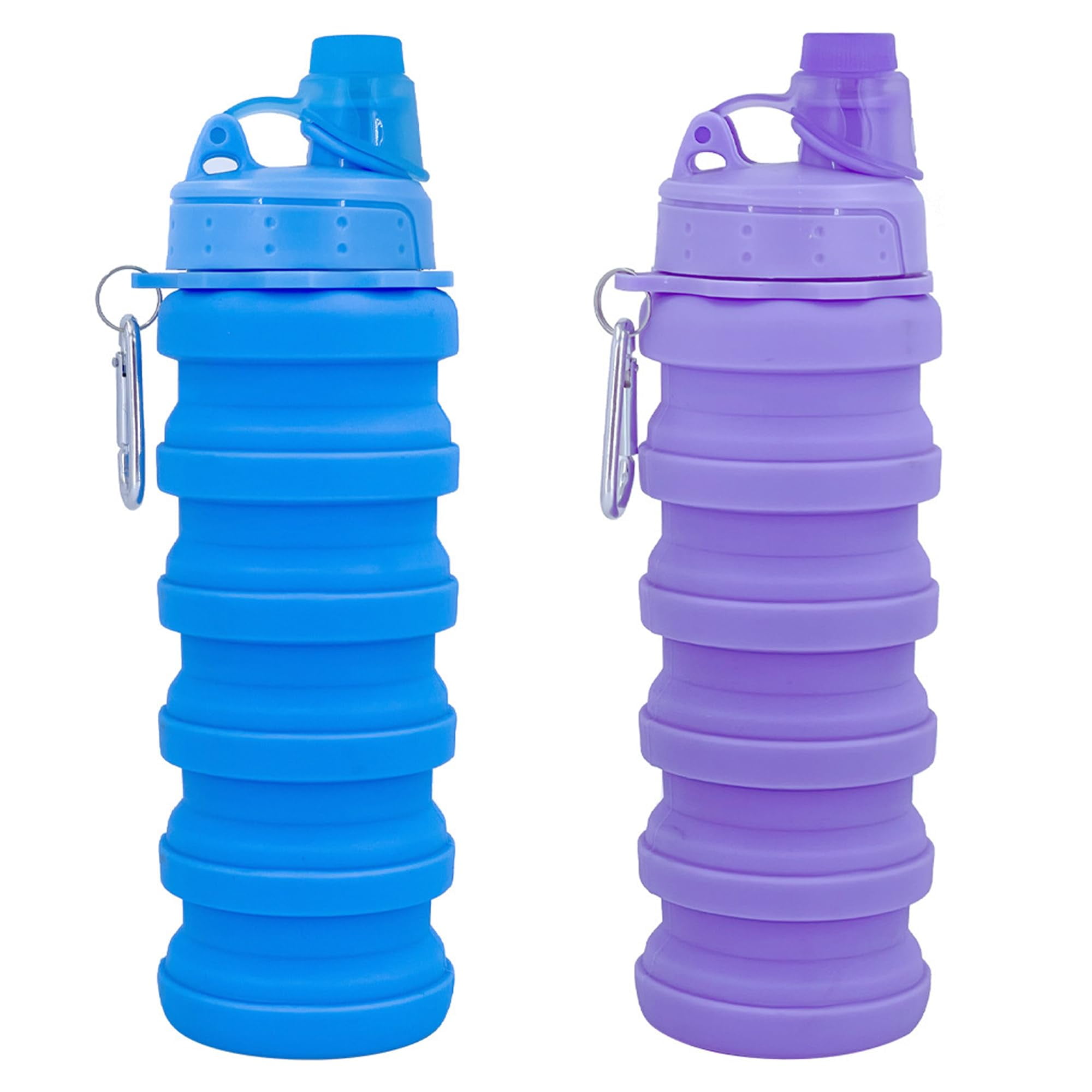 Collapsible Water Bottles Two Pack Travel Sports Portable Sport Water Bottle comes with mountaineering Buckle 500ml silicone Water-proof camping water bottle (Purple and Grey Color)