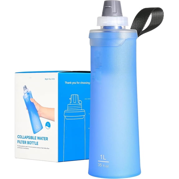 Collapsible Water Filter Bottle, BPA-Free Ultralight & Durable Squeeze Bottle with Filter Cap Cartridge for Camping, Hiking, Backpacking, Survival & Travel