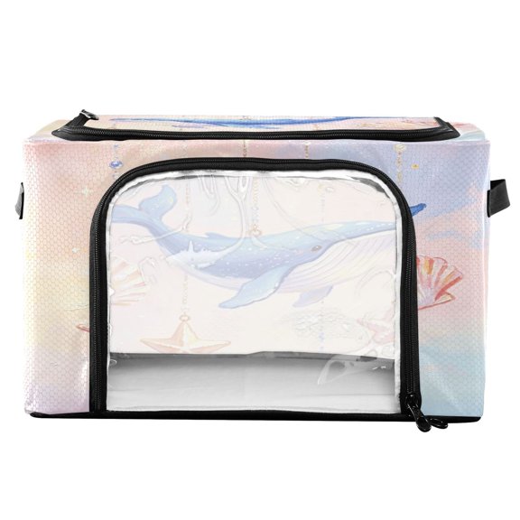 Collapsible Water-Resistant Storage, Double-door Storage Bins for Closet Organizers Blue Whale Charm Printed 16.9"x11.4"x10"