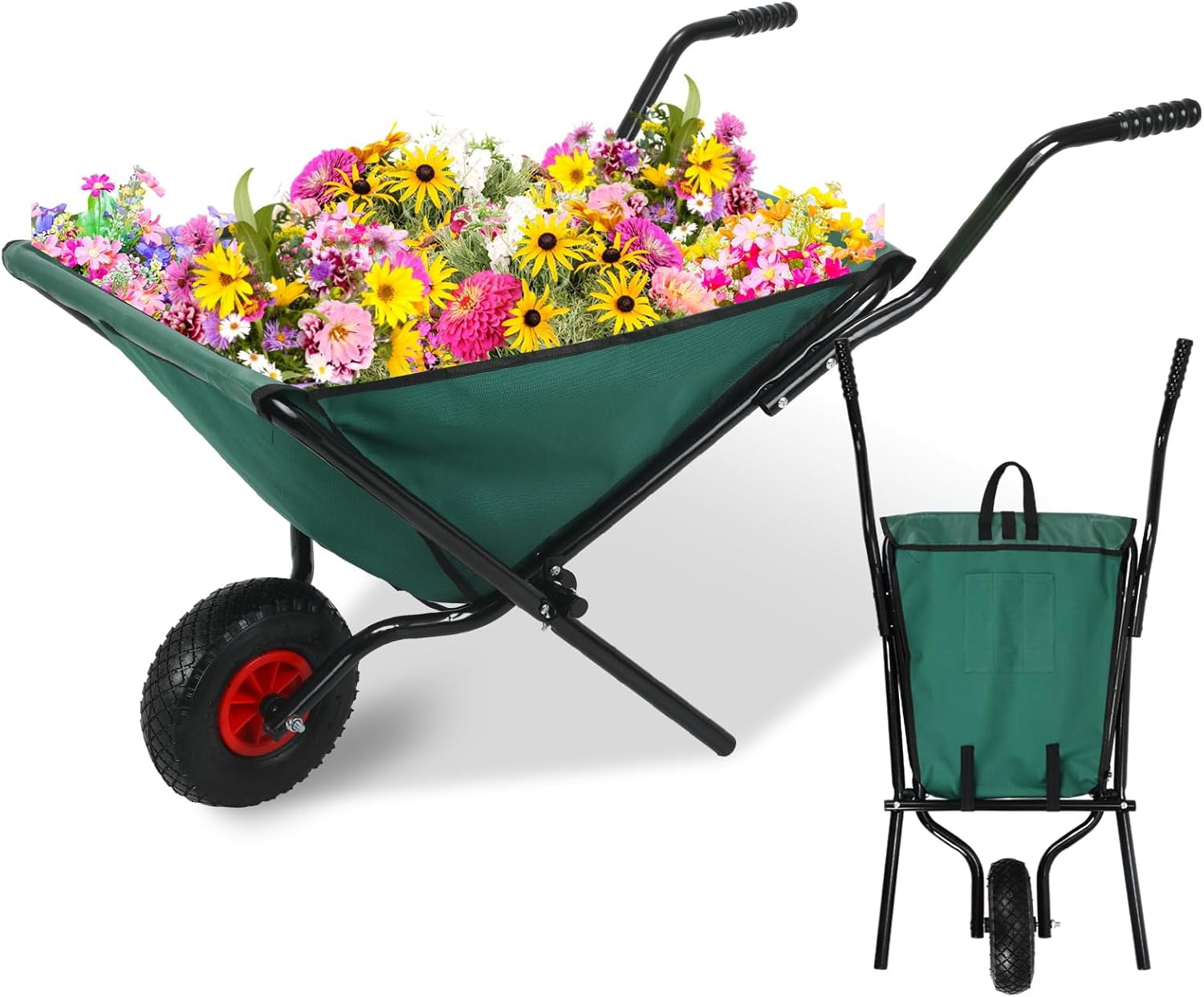 Green Folding Oxford Cloth Garden Wheelbarrow with 10-Inch Wheel