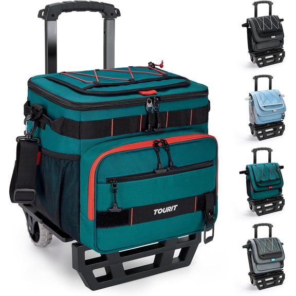 Collapsible Wheeled Cooler with All-Terrain Cart, Insulated Soft-Sided Cooler Bag, 48 Can Capacity, 28 L, Green