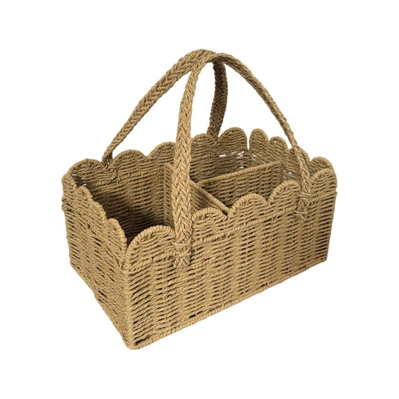 Collapsible Woven Paper Organizer Bin, Hand-Woven Storage Basket with Scalloped Rim & Handles, 9.2"x9.2"x7.5", 1PC, Divided Decorative Basket for Kitchen, Living Room & Nursery A