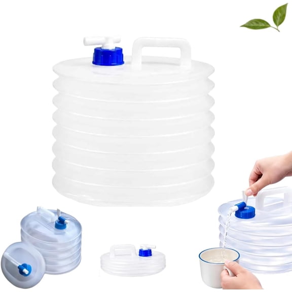 Collapsible water container with a tap; designed for travel, this reusable, round, and space-saving container features a sturdy, durable handle.