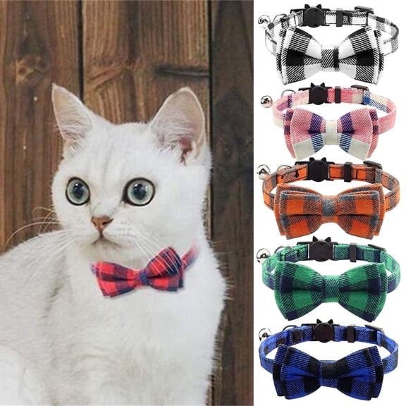 Collar Breakaway With Cute Bow Tie And Bell For Cats, Adjustable Safety Plaid Pet Collar Made Of Cotton Fabric, Equipped With Easy Release Buckle, Movable Bow Tie,