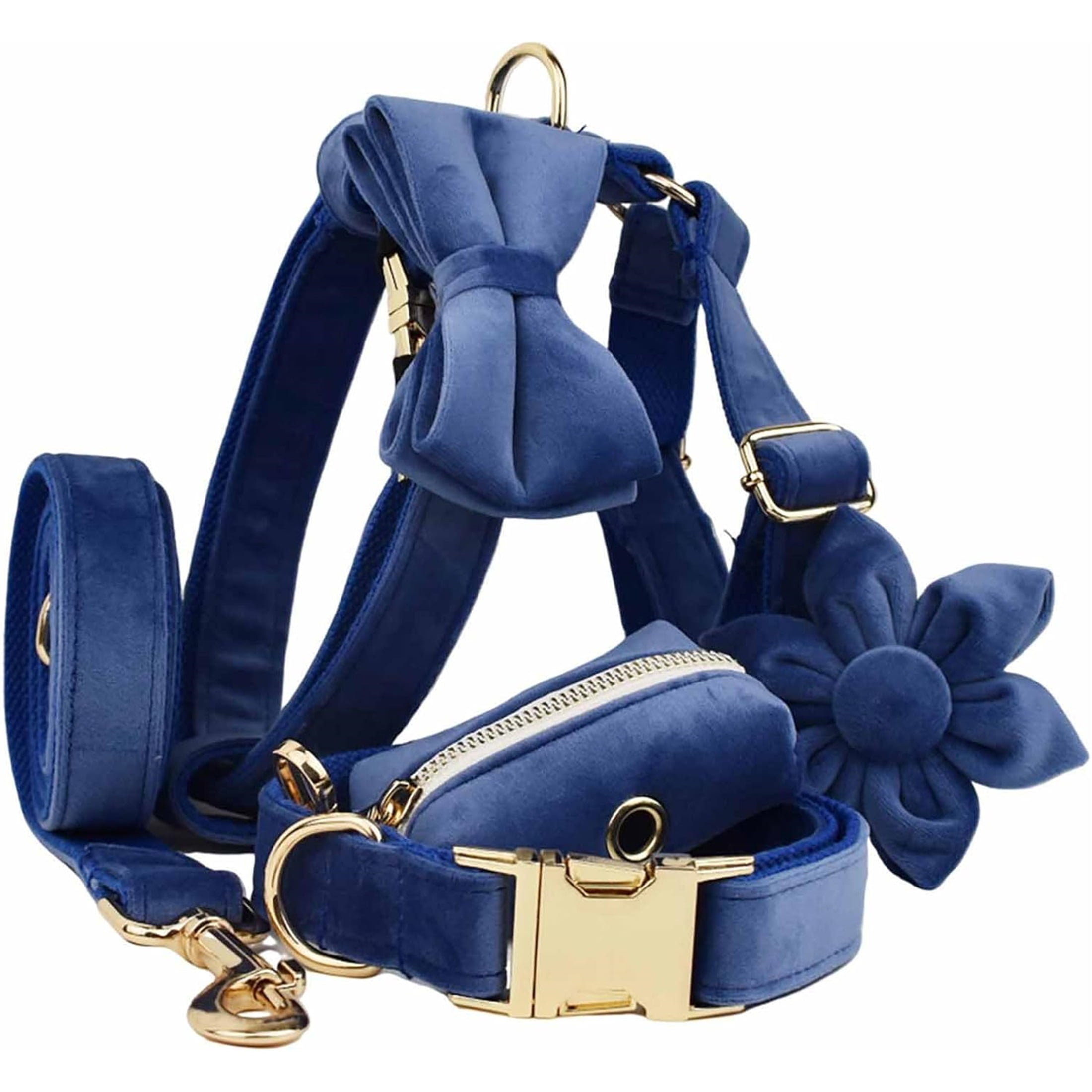 Collar & Leash Set with Metal Buckle No Pull Dog Harness,  Includes Flower，Bow & Poop Bag,Blue,S