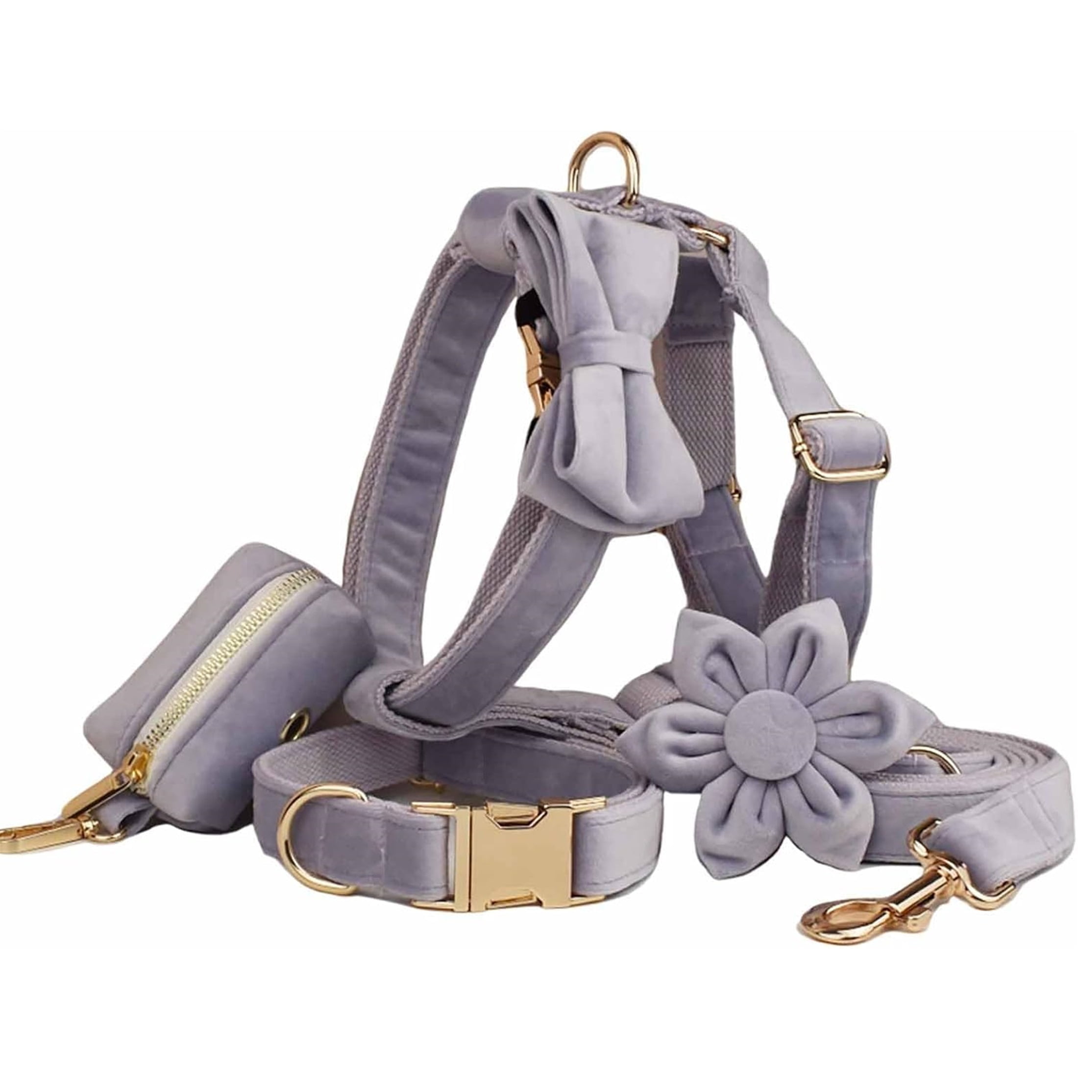 Collar & Leash Set with Metal Buckle No Pull Dog Harness,  Includes Flower，Bow & Poop Bag,Light Purple,S