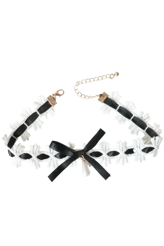 Collar Necklace with Ribbon and Lace Decoration Bowknot Lace Collar Maid Choker Lace Alloy for Cosplayer