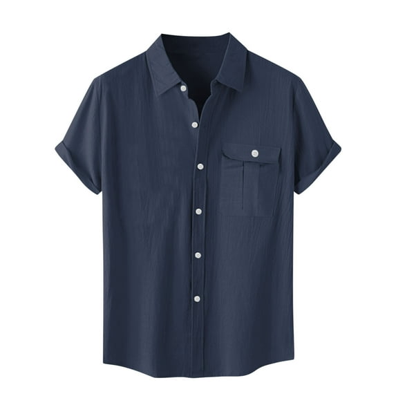 Collar Shirt Button Down Cotton Linen Shirt for Men Solid Color Short Sleeve Tee Shirts Collared Top with Front Pocket