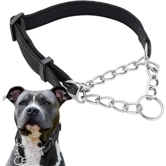 Collar for Dogs, Reflective Nylon Soft Padded No Pull Training Collars Adjustable Stainless Steel Chain Collar for Small Medium Large Dogs Black L