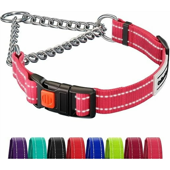 CollarDirect Martingale Dog Collar with Stainless Steel Chain and Quick Release Buckle - Reflective Collar for Large, Medium, Small Dogs - Pink, Large (Neck Size 17"-22")