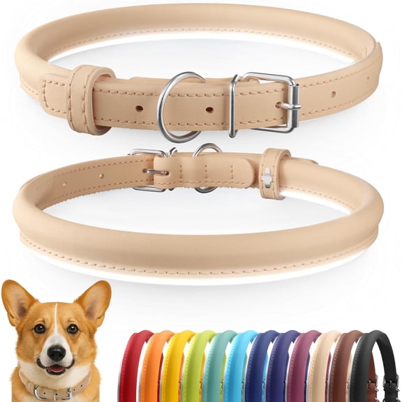 CollarDirect Reflective Rolled Leather Dog Collar, Soft Padded Round Puppy Collar, Handmade Genuine Leather Collar Dog Small Large Cat Collars 13 Colors (13-16 Inch, Beige Smooth)