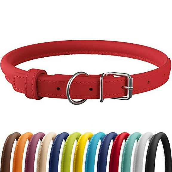 CollarDirect Rolled Leather Dog Collar, Soft Padded Round Puppy Collar, Handmade Genuine Leather Collar Dog Small Large Cat Collars 13 Colors (6-7 Inch, Red Smooth)