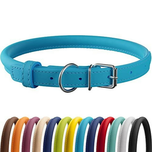 CollarDirect Rolled Leather Dog Collar, Soft Padded Round Puppy Collar, Handmade Genuine Leather Collar Dog Small Large Cat Collars 13 Colors (7-9 Inch, Light Blue Smooth)