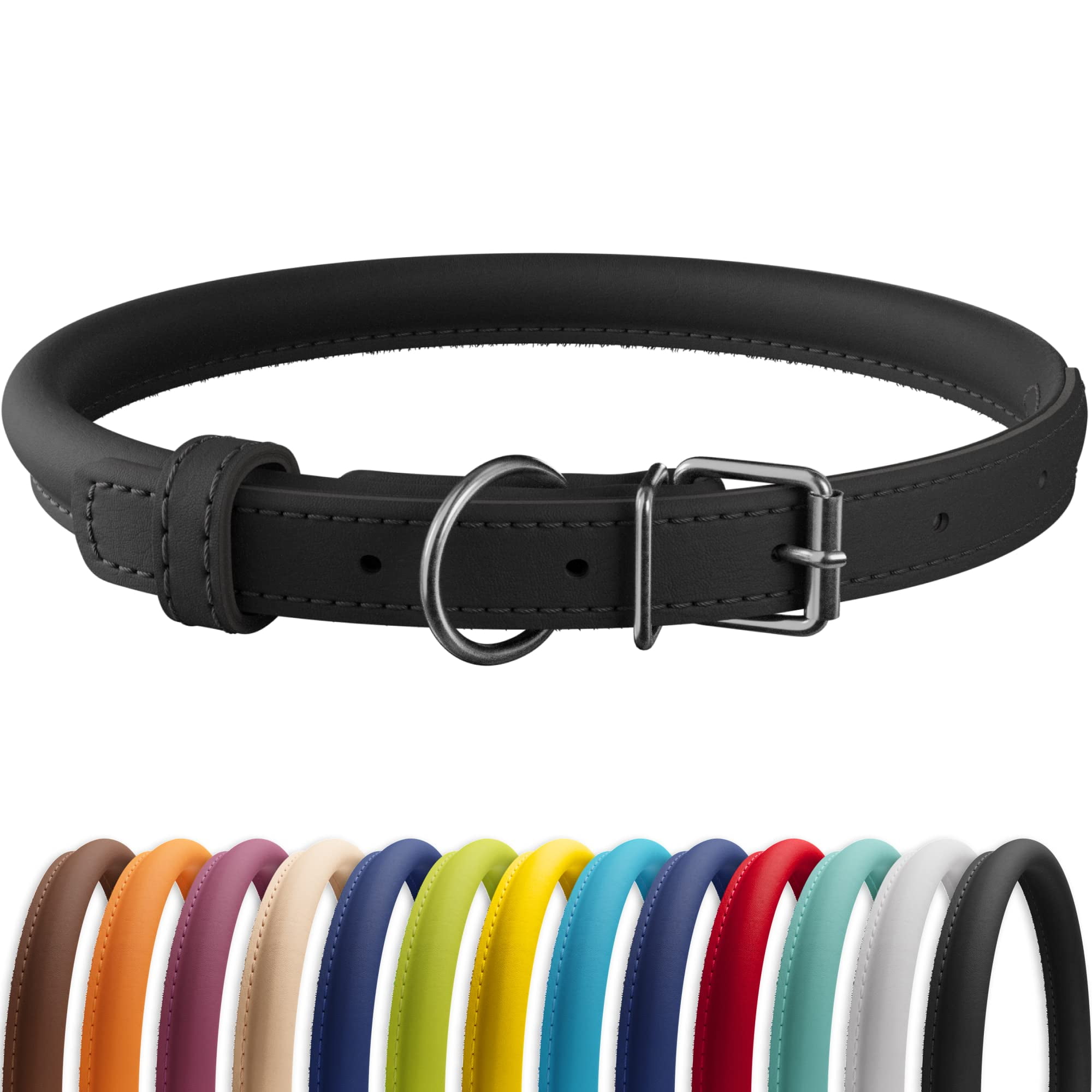 CollarDirect Rolled Leather Dog Collar, Soft Padded Round Puppy Collar ...