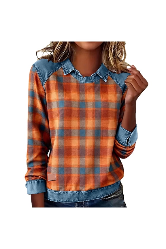 Collared Denim ShirtDenim Polo Pullover Tops Sweater With Denim Trim Long Sleeve Sweater With Denim Collar Jean Sweater Sweater With Denim Collar Western Shirts For Women Denim Top