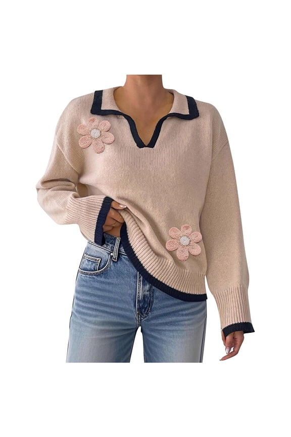 Collared Floral Sweater Womens Long Sleeve Casual Pullover Sweaters Office Fall Knitted Tops for Women Khaki, L