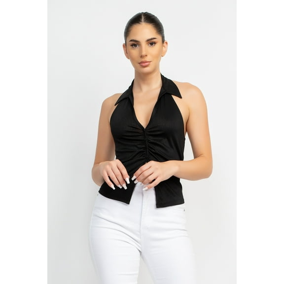 Collared Halter Open Back Top Black L