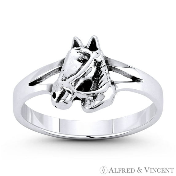 Collared Horse Horseback Riding Charm Right-Hand Stackable Ring in Oxidized .925 Sterling Silver