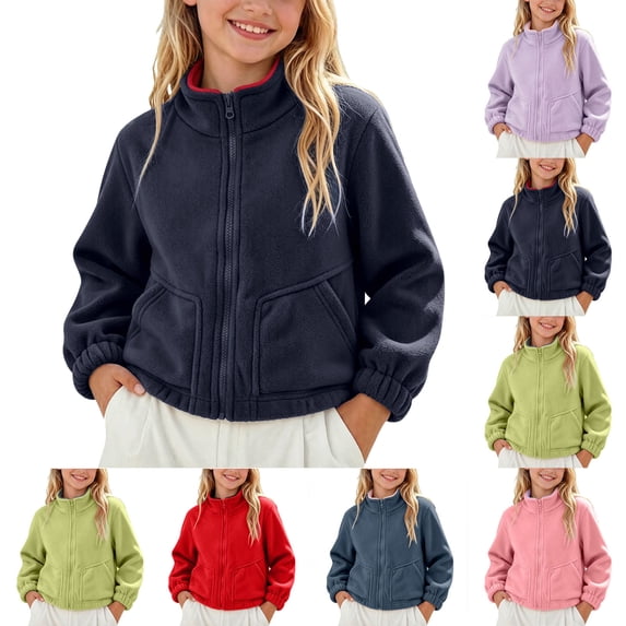 Collared Jacket Golf Windproof Coat Children's Solid Color Casual Long Sleeve Stand Collar Outwear Velvet Warm Coat Kids Navy 5-6 Years