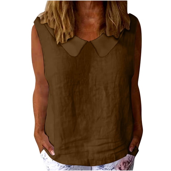 Collared Linen Shirts Womens Sleeveless Summer Tank Tops Casual Loose Cute Shirts Pullover Coffee, L