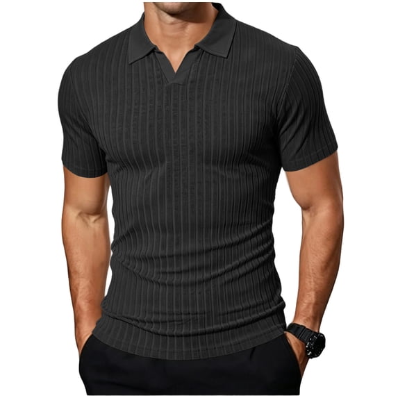 Collared Muscle Polo Shirts for Men Slim Fit V Neck Short Sleeve | Ribbed Knit, Stretch, Textured, Casual, Athletic, Dress Shirt, Lightweight, Fitted Tee Shirt for Men