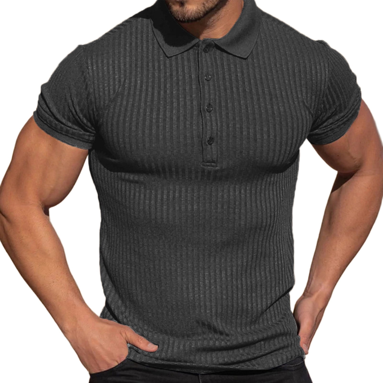 Men's Slim Fit Muscle Shirt - V-Neck Lace-Up 3/4 Sleeve Pullover Top, Stretch Workout Tee