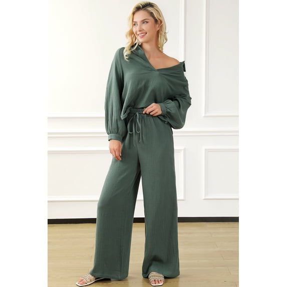 Collared Neck Top and Drawstring Pants Set