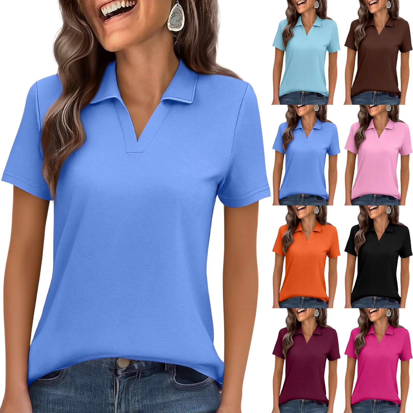 Collared Polo Shirt for Women V Neck Short Sleeve Soft Breathable ...