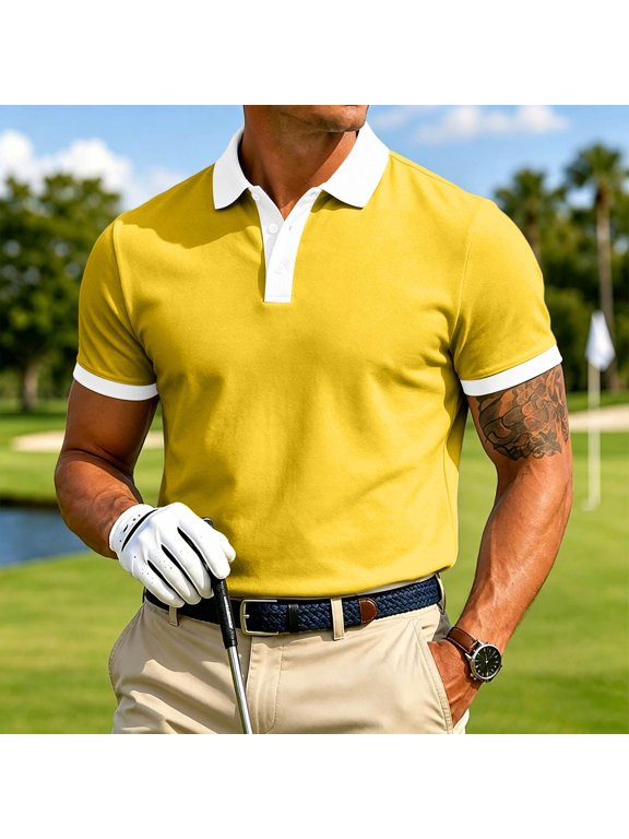 Collared Polo Shirts for Men with Short Sleeves and Plain Solid Hues Featuring Smart Casual Styles for Office Days Business Lunches Golf Courses Date Nights Daily Commutes Yellow M