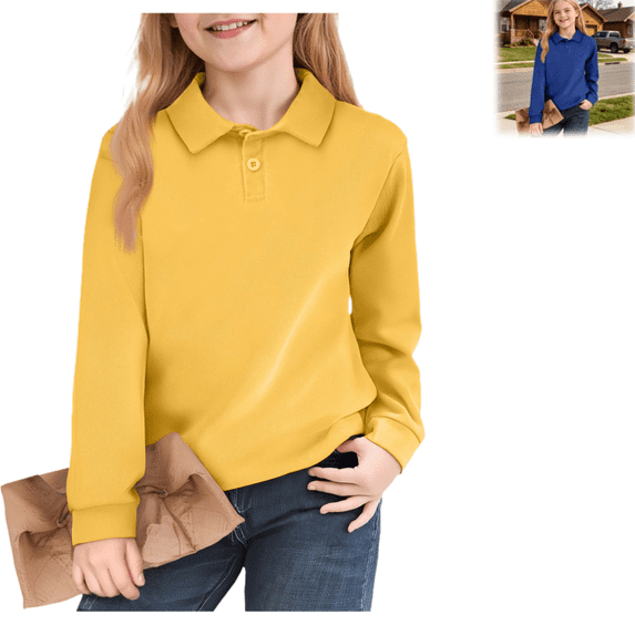 Collared Polo Shirts for Girl Long Sleeve School Uniform Kid Outfit Back To School Soild Color Classic Fit Button Blouse Yellow 3-4 Years