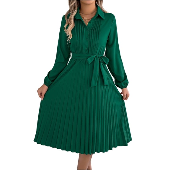 Collared Shirt Dress, Solid Color Long Sleeve Belted Pleated Midi, Preppy & Polished for Work, School, Business Casual & Fall Green S