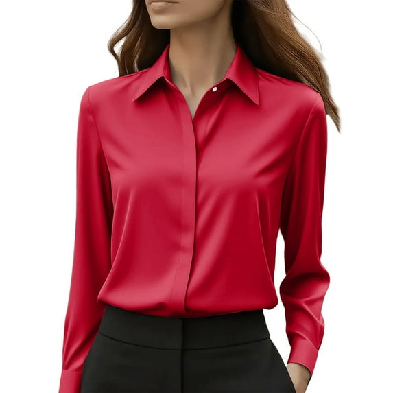 Collared Shirts for Women, Yigetop Button Down Shirts for Women Wrinkle Resistance Dress Shirts for Women Long Sleeve Work formal Blouses Tops Satin Blouses for Women Red S