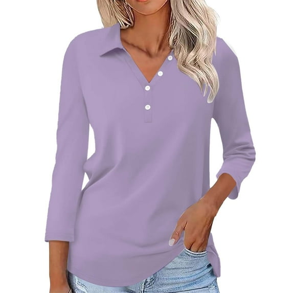 Collared Shirts for Women, Yigetop Womens 3/4 Sleeve V Neck Polo Shirts Business Casual Collared Work Top Slim Fitted Basic 2025 Fall Outfit Long Sleeve Polo Shirts for Women Blue 2XL