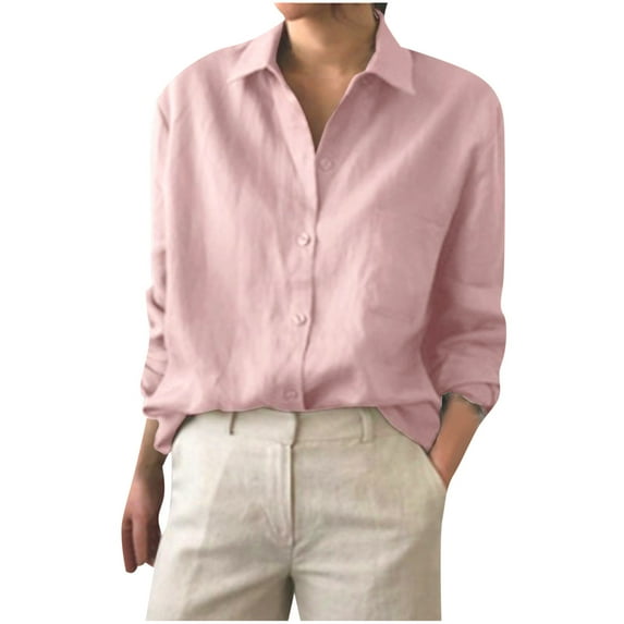 Collared Shirts for Women Button Down Long Sleeve V Neck Solid Linen Loose Office Blouses Casual Work T Shirts Tops