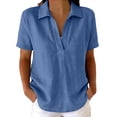 thumbnail image 1 of Collared Split V Neck Linen Pullover Blouse Short Sleeve Solid Loose Curved Hem Casual Top for Women Spring Summer Daily Wear S-XXL, 1 of 7