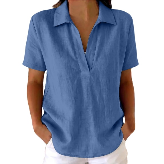 Collared Split V Neck Linen Pullover Blouse Short Sleeve Solid Loose Curved Hem Casual Top for Women Spring Summer Daily Wear S-XXL