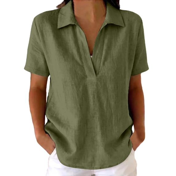 Collared Split V Neck Linen Pullover Blouse Short Sleeve Solid Loose Curved Hem Casual Top for Women Spring Summer Daily Wear S-XXL