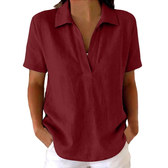 Collared Split V Neck Linen Pullover Blouse Short Sleeve Solid Loose Curved Hem Casual Top for Women Spring Summer Daily Wear S-XXL