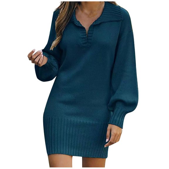 Collared Sweater Dress, Solid Color Long Sleeve Puff Sleeve Knit Dress, Preppy & Chic Fall/Winter Dress for Work, School & Travel Navy M