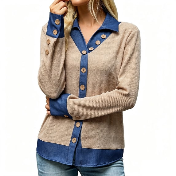 Collared Sweaters For Women,Pullover Sweaters For Women,Sweater With Denim Trim,Knit Sweater,Women Fall Winter Tops,Casual Long Sleeve Knit Tops