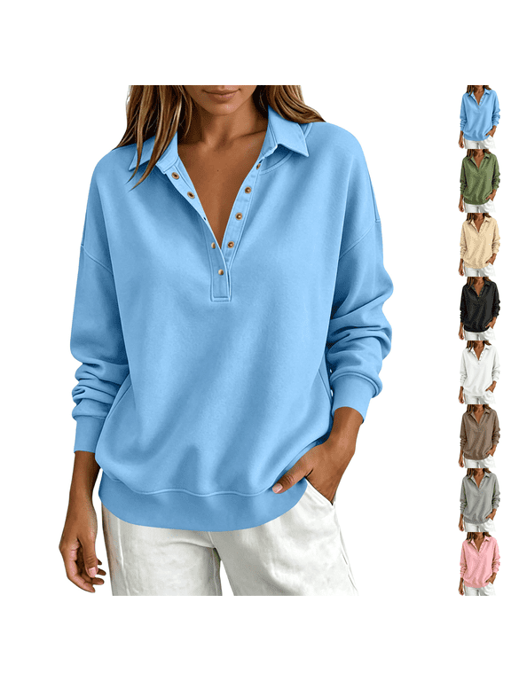 Collared Sweatshirt Womens Fleece Half Button Pullover Long Sleeve Casual Top with Button Drop Shoulders Ribbed Cuffs Banded Hem for Everyday Casual Wear