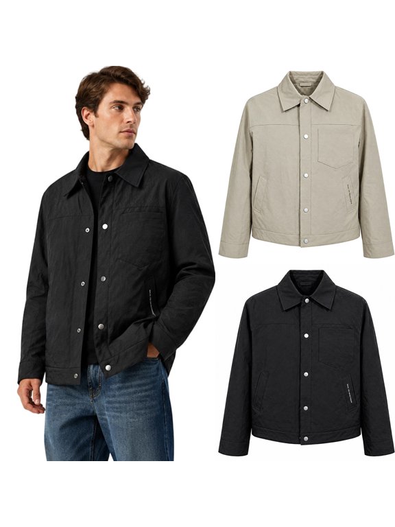 Collared Trucker Jacket for Men Snap-Front Utility Casual Outerwear with Chest Patch Pockets Black M