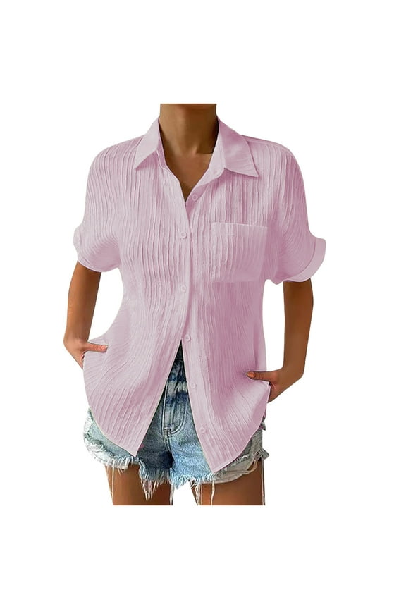 Collared V Neck Women Tops Roll Up Short Sleeve Blouses with Pocket Textured Plus Size Leisure Vacation Blouse