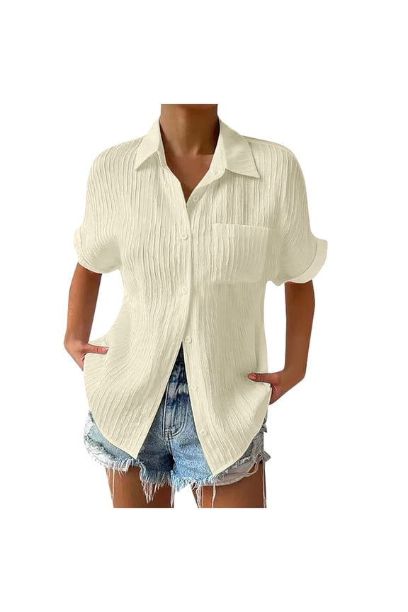 Collared V Neck Women Tops Roll Up Short Sleeve Blouses with Pocket Textured Plus Size Leisure Vacation Blouse